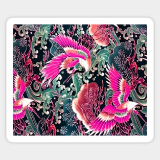 PINK FUCHSIA FLYING CRANES ,FLOWERS, SEA WAVES BLUE GREEN FLORAL Sticker